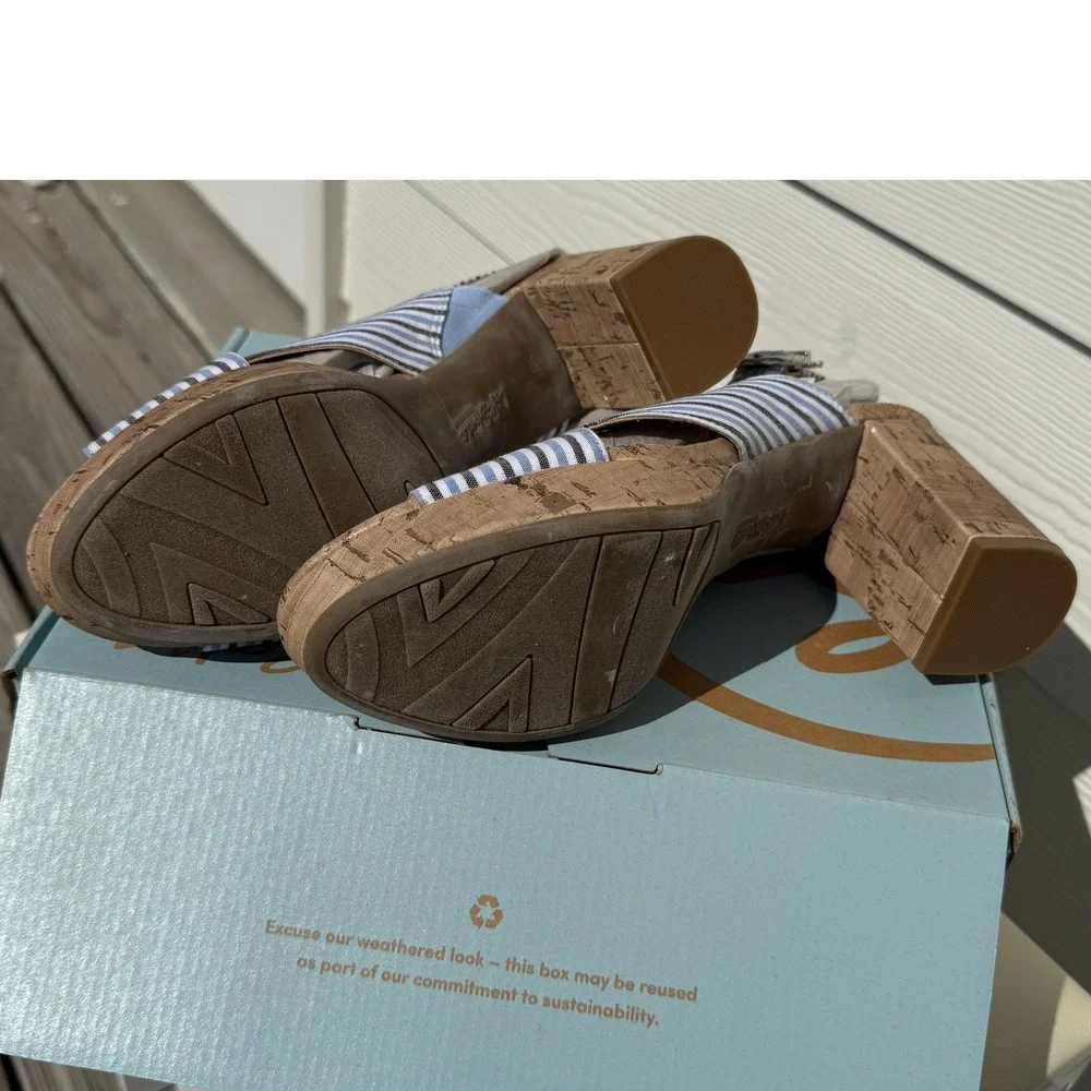 LifeStride Sandals Women 8.5 Blue Striped Block Heel‎ Cork Slingback Strappy NIB